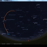 Aspect du ciel à Paris le 18 novembre 2013 à 6h30 heure légale. Le chemin à suivre pour trouver les étoiles Arcturus et Spica est indiqué par les flèches oranges. N'oubliez pas que C/2012 X1 LINEAR est juste à côté d'Arcturus.