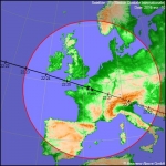 Trace au sol du passage de l'ISS du 10 avril 2016. La station sera visible depuis tout point situé à l'intérieur du cercle rouge.