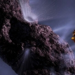 Représentation artistique de la phase cruciale de la mission Deep Impact : la collision entre le projectile et la comète, observée à distance par la sonde porteuse