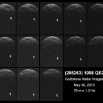 Premières images radar de l'astéroïde 1998 QE2 obtenues alors qu'il se trouvait à 6 millions de km de la Terre. La séquence couvre deux heures d'observation.