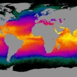 Carte des températures océaniques de surface sur la période du 2 au 9 juin 2001 dressée grâce aux données recueillies par Modis. Les eaux froides sont en noir et vert bouteille, les plus chaudes en jaune et blanc






