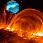 Vue d'artiste de la planète géante en orbite autour de tau Bootis, à travers les arches magnétiques de l'étoile 