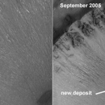 Trace d'écoulement apparue entre août 1999 et septembre 2005 le long d'une pente des Centauri Montes, sur Mars