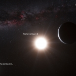 Vue d'artiste de la planète nouvellement découvert en orbite autour de l'étoile Alpha du Centaure B, un membre du système d'étoiles triple le plus proche de la Terre. Alpha du Centaure B est l'objet le plus brillant dans le ciel et l'autre objet éblouissant est Alpha du Centaure A. Notre propre Soleil est visible en haut à droite. Le faible signal de la planète a été détecté par le spectrographe HARPS sur le télescope de 3.6 mètres de l'Observatoire de La Silla de l'ESO au Chili.